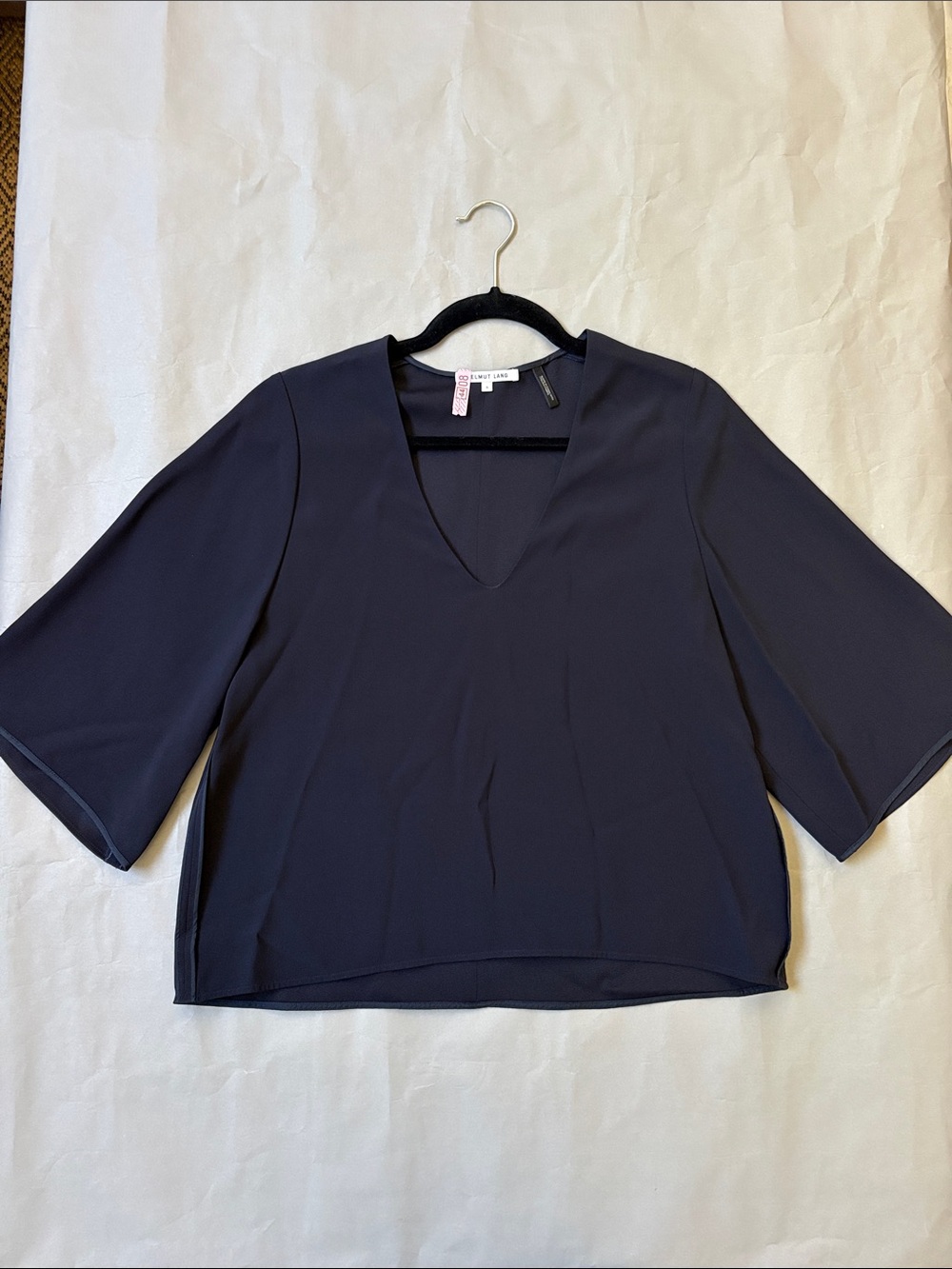Helmut Lang Navy V-Neck Blouse. Size small. Silk detail.